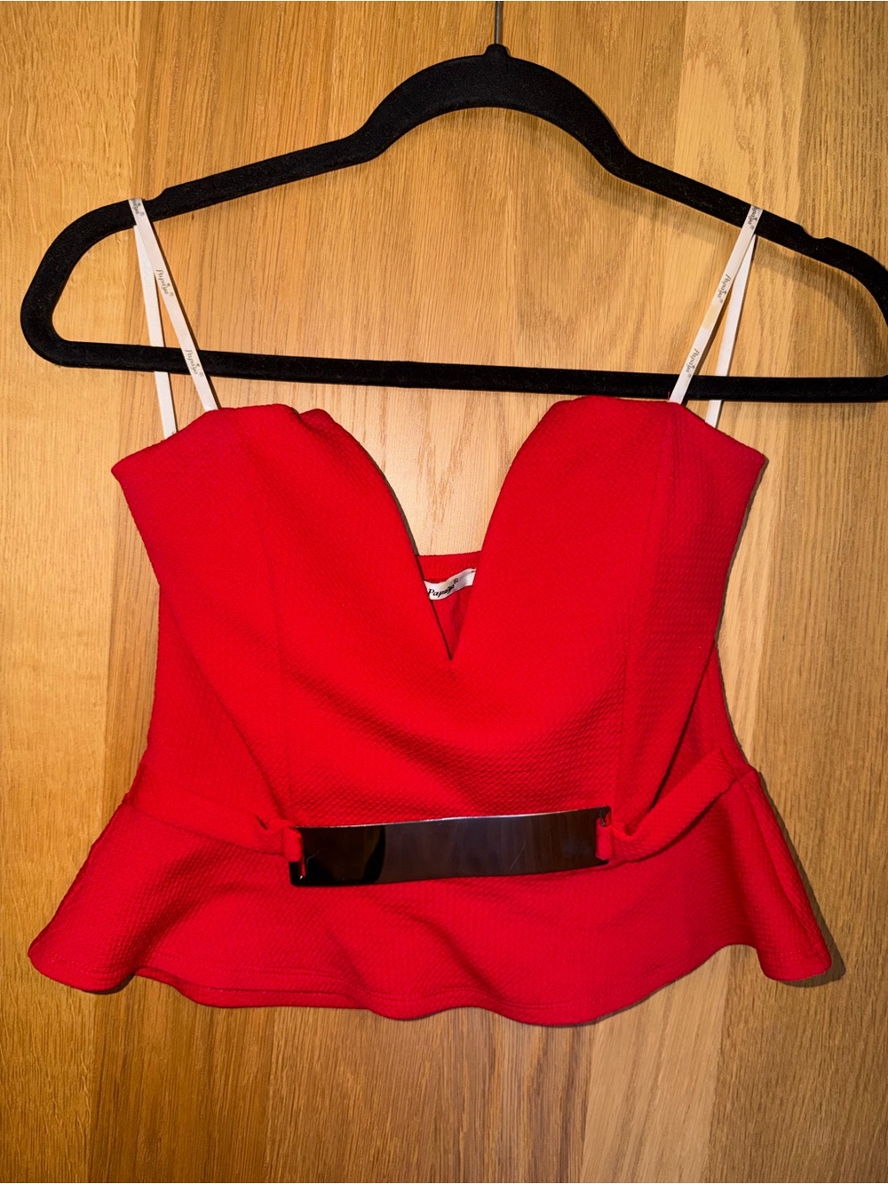 Papaya Red Peplum V-Neck Cami with Metal Waist Accent